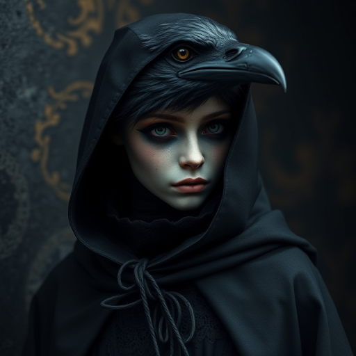 A highly detailed portrait of a humanoid figure with a raven's head, dressed in a vintage black cloak with intricate lace details, set against a textured, dark background, captured with a Canon EOS R5, 50mm lens at f/1.8, ISO 100, soft lighting for enhanced shadows and depth.