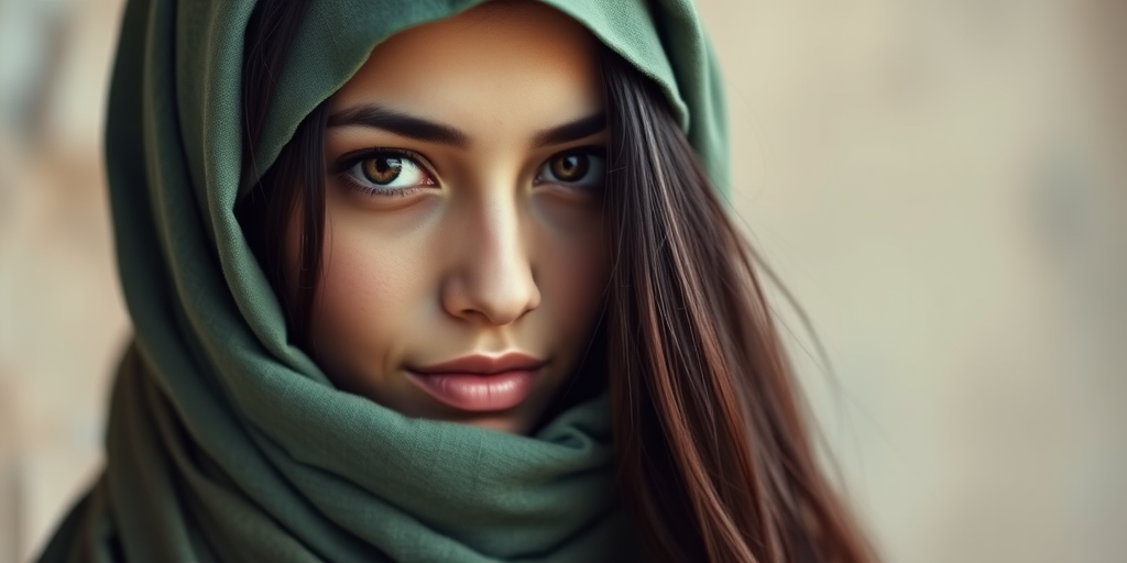 Create a portrait of a young Middle Eastern woman with long, dark hair and captivating hazel eyes. She is wearing a green headscarf and a matching scarf draped gracefully around her neck. The background is softly blurred, focusing attention on her serene and natural expression. The overall color palette is muted and warm, enhancing the intimate and authentic feel of the portrait.