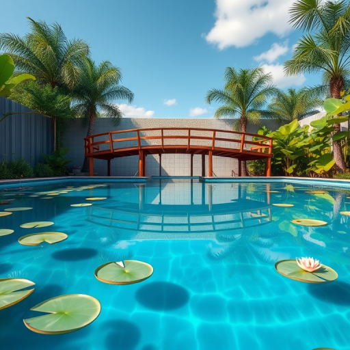 Create a high-resolution digital illustration of a serene swimming pool with a wooden bridge and lily pads, captured with a DSLR camera at f/8 aperture, ISO 100, with a wide-angle lens, using a vibrant color palette and high contrast lighting to enhance details.