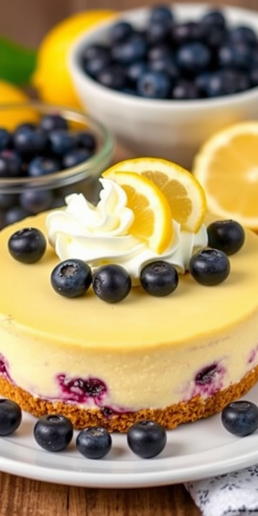 Blueberry cheesecake with a graham cracker crust topped with fresh blueberries and whipped cream garnished with lemon slices displayed on a white plate alongside a bowl of blueberries and lemons in the background.