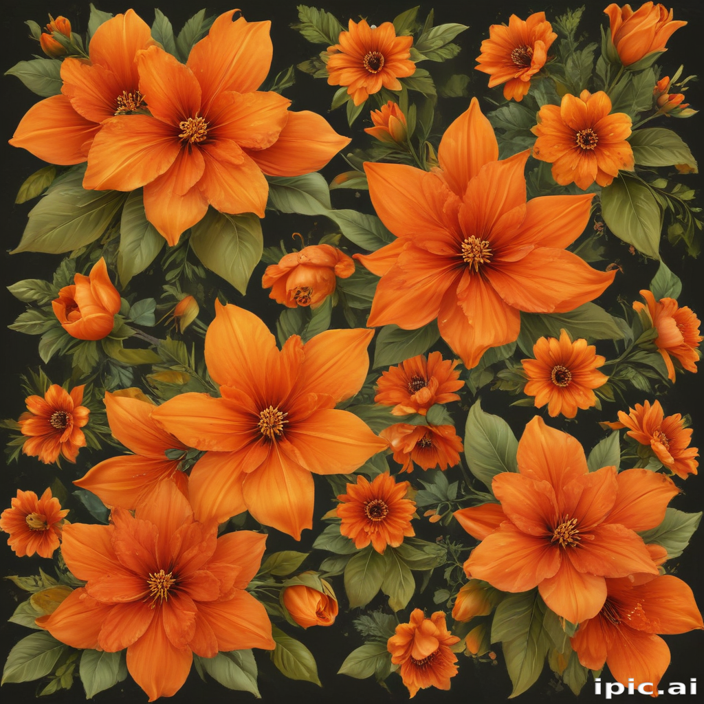 Vibrant Orange Floral Pattern with Lush Green Leaves on Dark Background.