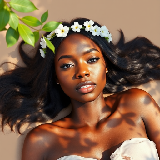 create a watercolor painting of an ethereal portrait of beautiful African American woman with a simple white flower crown on her head. Her hair is long and she is lying on the ground. The sunlight on the trees casts shadows from the leaves on her face and body. The background is a neutral brown color that matches her skin tone. The image is minimalist and solid colors. This style is characterized by soft, delicate brushstrokes and a light, airy, contrasting color palette. High level of detail and play of light