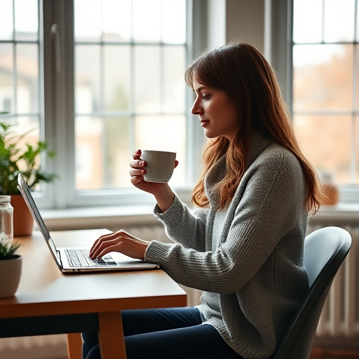 A cozy minimalist workspace with a woman sitting at a desk holding a warm drink while using a laptop, natural light from large windows, soft focus background, shot with a Canon EOS R6, 35mm lens, f/2.8 aperture, ISO 200, shutter speed 1/125s.