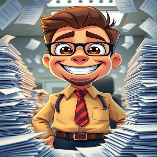 Create a stylized cartoon character of a grinning office worker surrounded by stacks of paperwork, using a Canon EOS 5D Mark IV camera, aperture f/2.8, shutter speed 1/125 sec, ISO 200, wide-angle lens for a dynamic perspective.