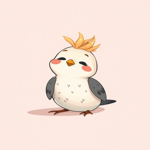Create a whimsical illustration of a small cartoon bird with unique hair, sitting in a relaxed pose on a soft pastel background, using a Canon EOS R5, 50mm lens, f/1.8 aperture, and natural soft lighting to enhance the details and colors.