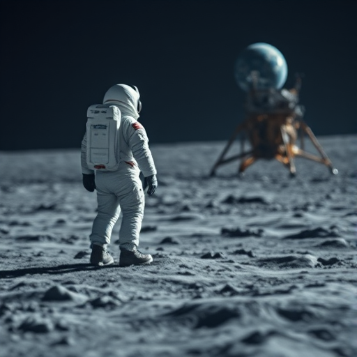 Astronaut on the moon observing spacecraft and Earth in the background, focus on textures of lunar surface, depth of field, shot with a Canon EOS R5 at f/2.8, ISO 400, 24mm wide-angle lens, night mode, high dynamic range imaging.