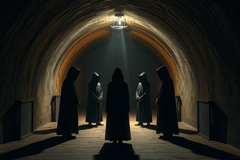 dimly lit underground tunnel with hooded figures wearing long cloaks standing in a circle, soft shadows and dramatic lighting, ISO 800, f/2.8, 24mm lens, wide-angle view, DSLR camera, cinematic style