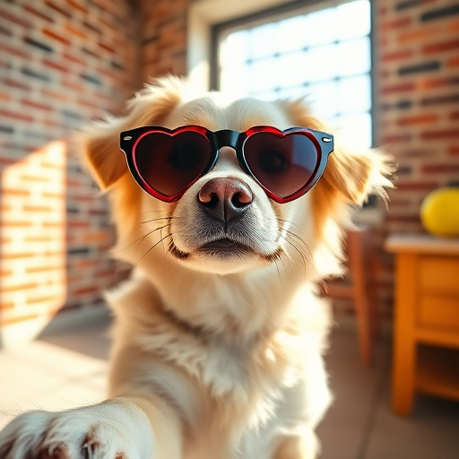 A cute dog wearing heart-shaped sunglasses posing for a selfie in a sunlit room with a brick wall background and a tiled floor. The dog has a fluffy coat and a playful expression.
