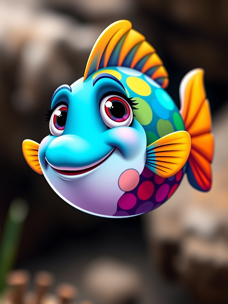 Generate a colorful cartoon fish illustration with vibrant scales, smiling expression, and a playful pose, captured with a Canon EOS R5 using a 50mm lens, f/1.8 aperture, ISO 100, and a shallow depth of field for a clean background.