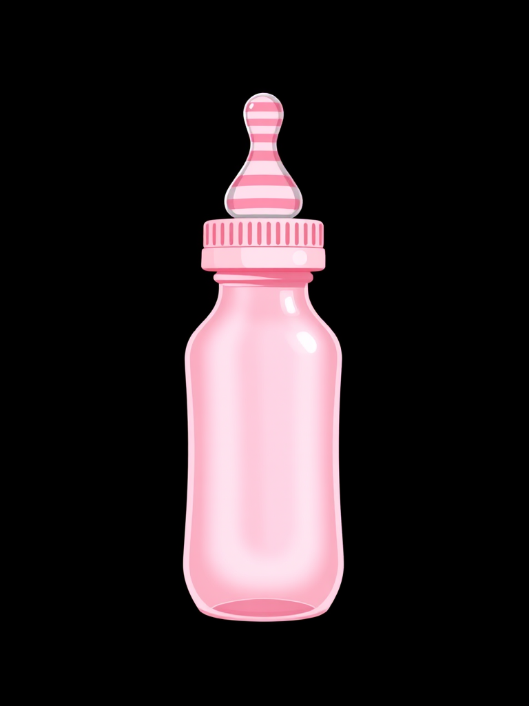 Create a high-resolution illustration of a pink baby bottle with a striped cap, taken with a DSLR camera at f/2.8 aperture, 50mm lens, and a shallow depth of field to emphasize the bottle against a solid black background.