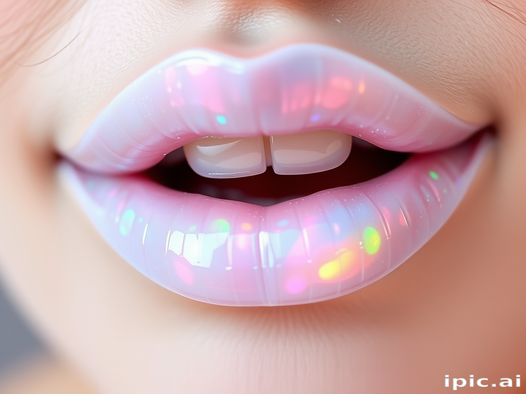 Iridescent Opal Aura lip style combines a sheer white base with color-shifting particles that reflect pastel hues, creating an ethereal and mystical effect