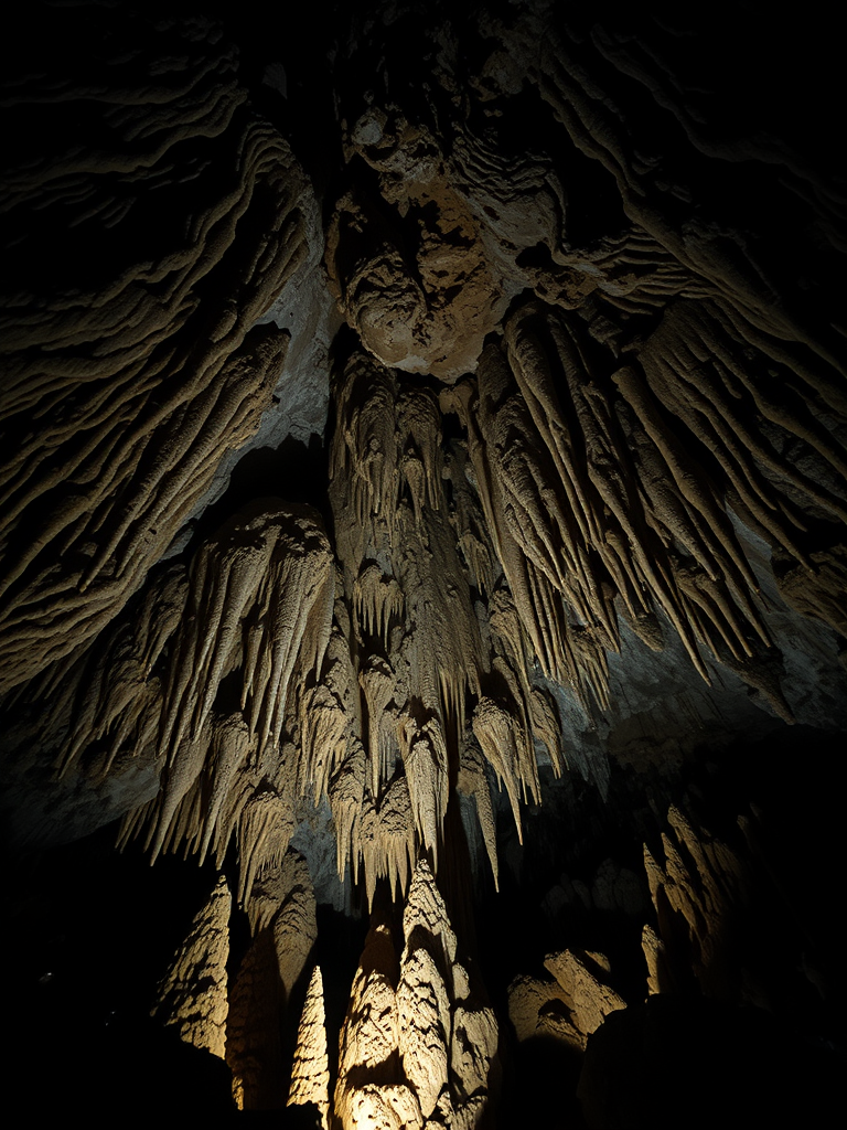 Capture a dimly lit cave interior showcasing intricate stalactites and stalagmites, using a Canon EOS 5D Mark IV, with a 24-70mm f/2.8 lens, aperture set to f/8, ISO 400, and a shutter speed of 1/30 sec for sharp detail and rich textures.