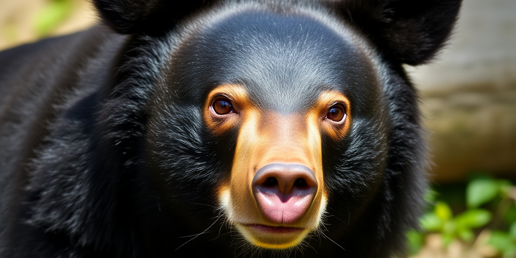 Close-up portrait of a black bear, natural lighting, shallow depth of field, 50mm lens, f/2.8, ISO 400, 1/200s shutter speed, DSLR camera, slightly tilted angle, focused on facial features.