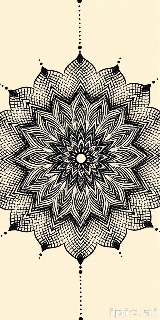 Dotwork mandala tattoo with intricate geometric patterns radiating from a central point, utilizing thousands of tiny dots to create gradients and intricate details for a mesmerizing optical illusion effect