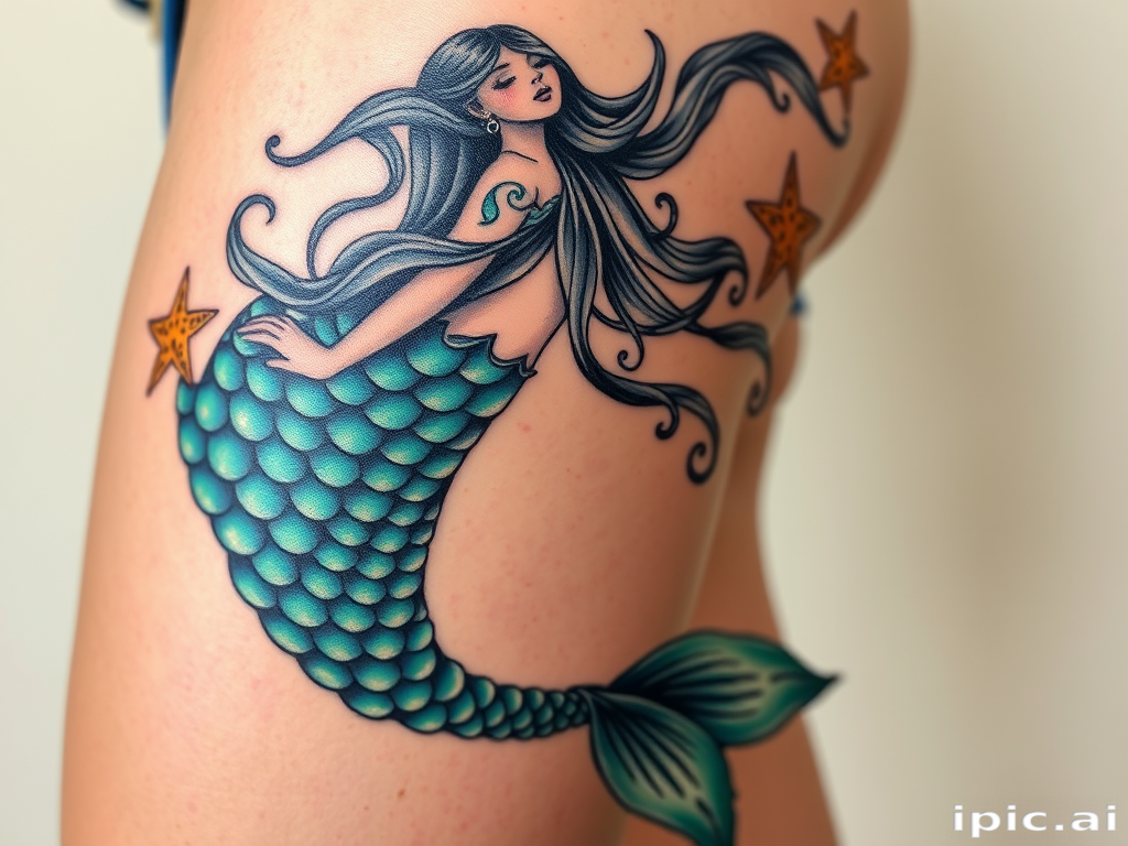 Neo-traditional mermaid tattoo on thigh, scales shimmering with iridescent blues and greens, long flowing hair intertwined with seaweed and starfish