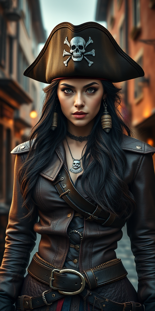 Create a portrait of a fierce female pirate. She wears a leather tricorn hat adorned with a skull and crossbones emblem, and her long, dark hair flows around her face. Her outfit consists of a richly detailed leather jacket, a corset, and multiple layers of belts and accessories, giving her a formidable and stylish appearance. She stands confidently in a dimly lit, historic port town, with a backdrop of weathered buildings and cobblestone streets, capturing the adventurous spirit of a pirate.