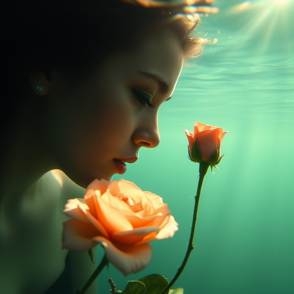 A woman underwater, gazing at a rose Her face is reflected in the water's surface The scene is illuminated by sunlight filtering through the water The atmosphere is serene and contemplative