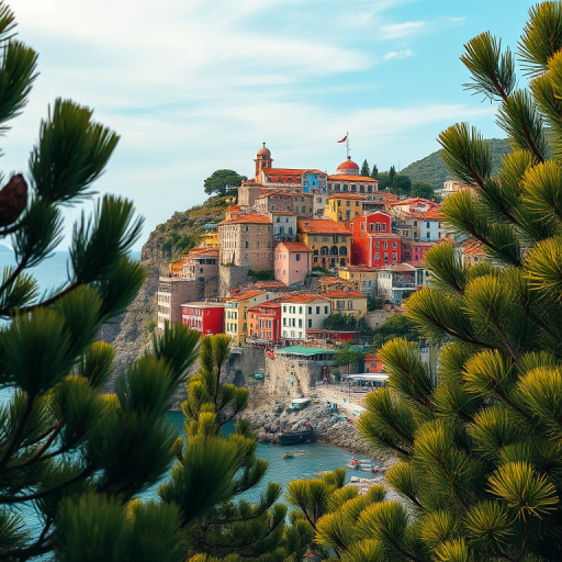 generate a vibrant landscape of a coastal town with colorful buildings on a hillside, framed by stylized pine trees in the foreground, captured with a Canon EOS R5 at f/8, ISO 100, 24mm, with a wide-angle view and high saturation for enhanced color quality