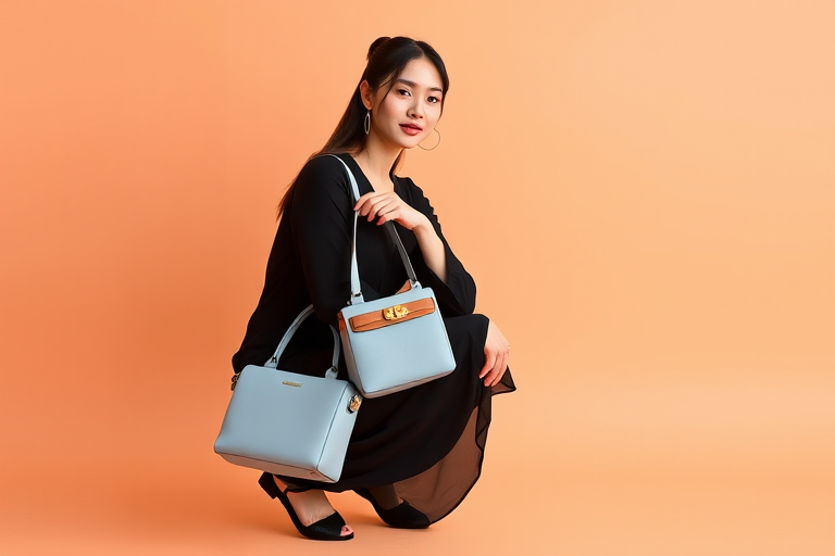 a stylish woman in a black dress squatting against a peach background holding a light blue handbag, soft focus, 50mm lens, f/1.8 aperture, ISO 100, natural light, medium shot, portrait photography, professional studio lighting