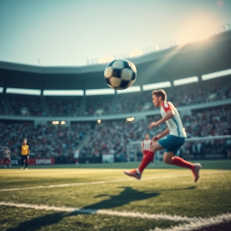 Blurry action shot of a soccer game in progress, the ball mid-air as a player attempts a goal, intense focus on the motion, distant spectators cheering, soft stadium lights casting long shadows on the field.