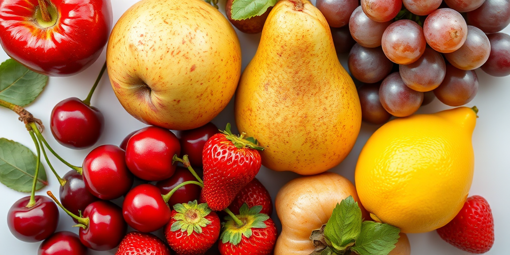 Create a high-resolution digital illustration of assorted fruits including an apple, cherries, a pear, strawberries, grapes, and a lemon, using a DSLR camera with a 50mm lens, f/2.8 aperture, and soft natural lighting, captured from a top-down view to enhance texture and detail.
