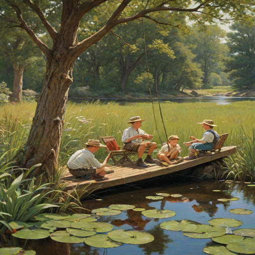 Imagine a small group of old fashioned young boys out fishing by the creek, a swing hanging from a tree branch, reeds and grasses by the water's edge, a frog sitting on a lily pad, dragonflies hovering over som water plans, a very iconic old fashioned scene reminiscent of a Norman Rockwell painting style