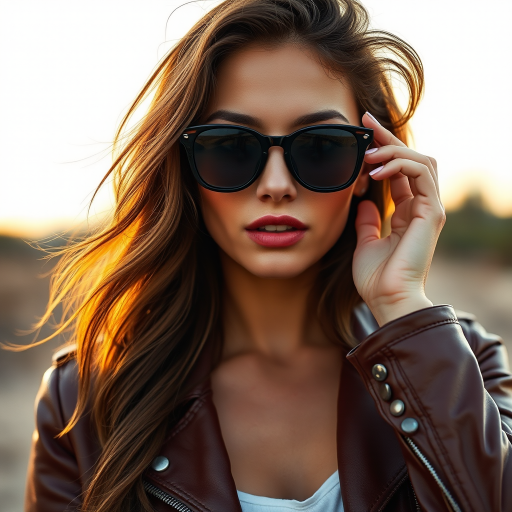 Outdoor shot, stunning female model, vintage leather jacket, sunglasses, cinematic effect, Position the camera at the model’s eye level using a 35mm f/1.4 lens