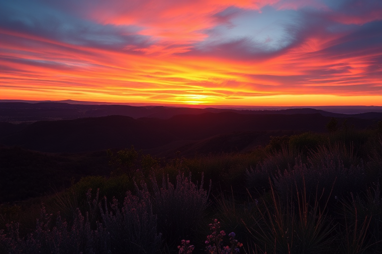 Create a high-resolution image of a serene landscape at sunset with vibrant colors, using a Canon EOS 5D Mark IV, 50mm lens, f/1.8 aperture, ISO 200, 1/125 sec shutter speed, in landscape orientation, with soft focus and enhanced contrast.