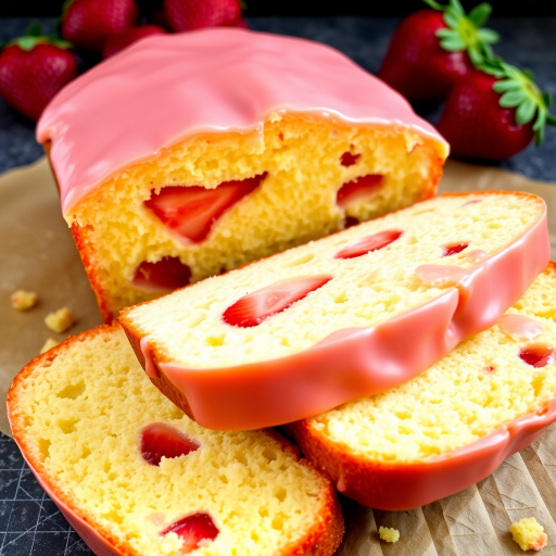 Create an image of a sliced loaf cake with a light yellow sponge and visible pieces of strawberries inside the cake. The top of the cake is glazed with a shiny pink icing, and the slices are arranged on a textured surface with some whole strawberries in the background. The setting should evoke a fresh and inviting dessert scene.