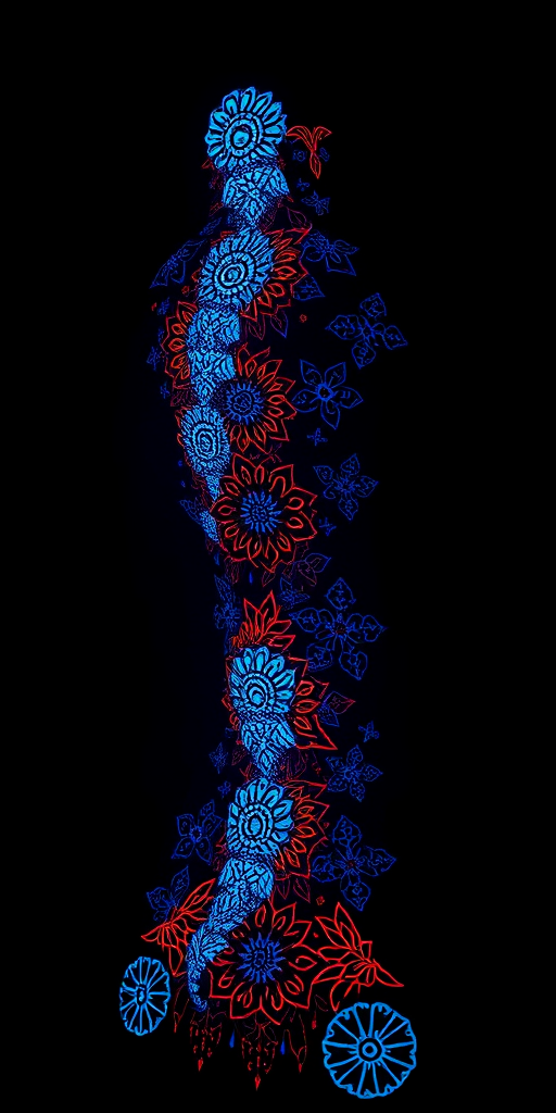 Luminous UV ink tattoo covering the spine with intricate patterns that glow under blacklight creating a mesmerizing effect in both daylight and darkness