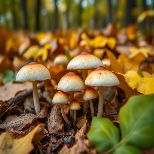 Mushrooms growing among autumn leaves in a forest with a shallow depth of field, macro lens, f/2.8 aperture, ISO 200, soft natural lighting, captured with a DSLR camera from a low angle for enhanced detail and texture.