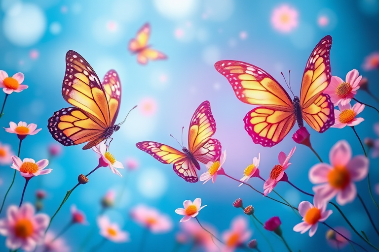 Create a vibrant digital illustration of colorful butterflies surrounded by luminous flowers in a dreamy blue background with a soft focus effect, using a Canon EOS R5 camera with a 50mm lens, aperture f/1.8, ISO 100, and a shallow depth of field for enhanced detail and brightness.