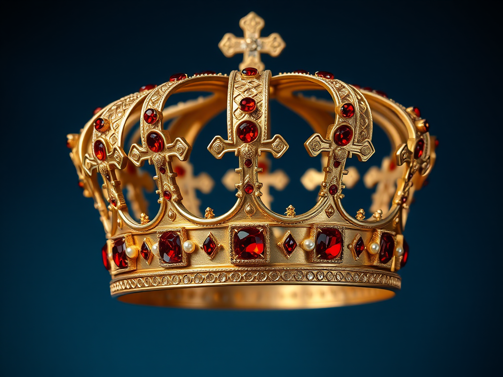 create an ornate golden crown with red gemstones, detailed pearls, and intricate cross patterns, shot with a DSLR camera at f/2.8 aperture, ISO 100, 50mm lens, in high-resolution and vibrant colors, side angle view to highlight details