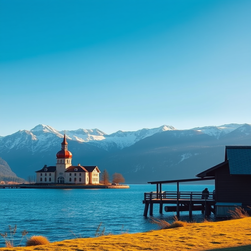 Capture a serene landscape of a lakefront building with a red domed church beside a wooden structure, set against majestic snow-capped mountains under a clear blue sky, using a DSLR camera with a 24mm lens, f/8 aperture, ISO 100, and a wide-angle view during golden hour.