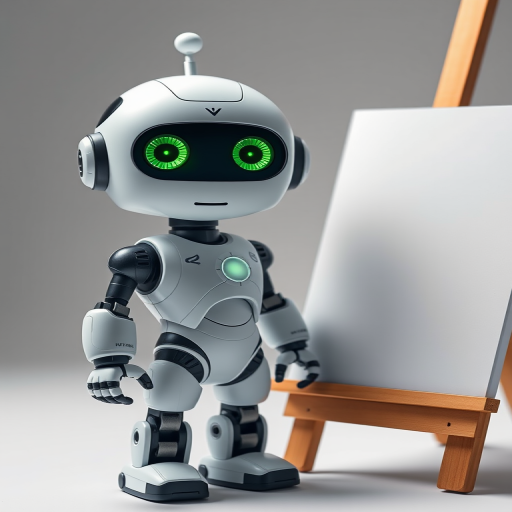 A cute humanoid robot with large green eyes standing next to an empty easel, soft studio lighting, focus on the robot, aperture f/2.8, ISO 100, 35mm lens, shallow depth of field, high dynamic range photography, minimalistic background.