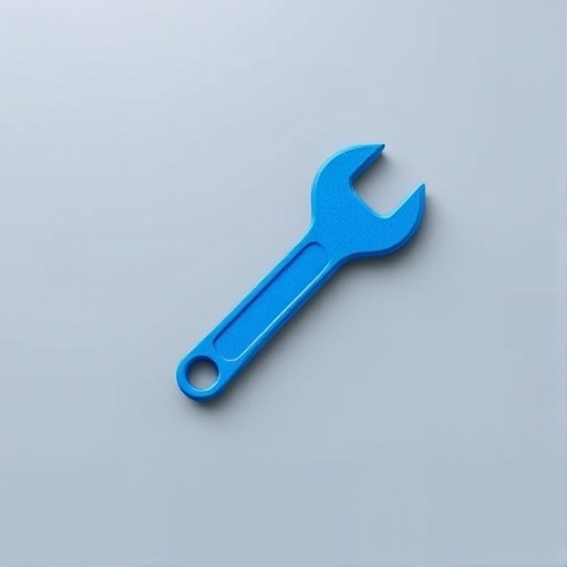 Create a high-resolution image of a blue wrench icon against a smooth gray background using a digital camera with a macro lens, aperture set to f/2.8, ISO 100, and a focal length of 50mm for a sharp, detailed view.