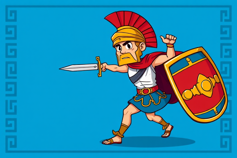 Create a high-resolution digital illustration of a cartoon-style Roman soldier in a dynamic pose, wielding a sword and shield, with a simple blue background and a Greek key border, shot with a Canon EOS R5, 50mm lens, f/2.8 aperture, ISO 100 for sharpness and vibrant colors.