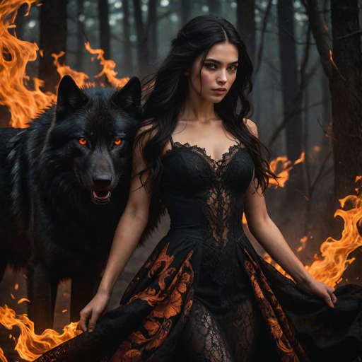 A woman with long dark hair, wearing a black lace dress that seamlessly blends into her skin with intricate floral patterns. She is in the foreground, with a black wolf beside her; its fur is midnight black, and it has glowing, intense, orange eyes that match hers. Her eyes are partially closed with burning embers above them, giving a fiery and mystical aura. The background is engulfed in tall, roaring flames, contributing to an overall dark and supernatural atmosphere. The colors are intense, predominantly black, fiery orange, and deep reds, with sharp contrast highlighting the mysterious and fierce theme. The flames are bright and dynamic, casting dramatic light and shadow, illuminating the woman and wolf while leaving parts in near darkness. The image evokes a sense of otherworldly power and connection between the woman and the wolf.