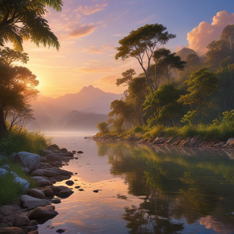 Tranquil Sunrise Over a Serene River Surrounded by Lush Mountains and Trees