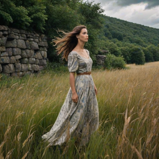 Overgrown field by a crumbling stone wall, a woman stands among the tall grass, her flowing dress catching the wind as she gazes up at the storm clouds gathering above.
