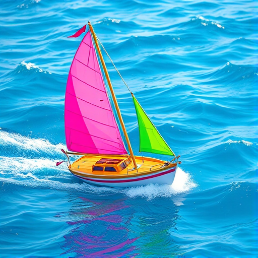 A colorful cartoon sailboat on water, bright pink and green sails, vibrant blue waves, high resolution, f/2.8 aperture, ISO 100, 50mm lens, shot from eye level, soft focus style, digital camera.
