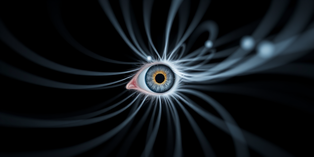 Create an abstract image of an eye surrounded by dynamic white lines on a black background, captured with a DSLR camera at f/2.8 aperture, ISO 100, 50mm lens, with a shallow depth of field and soft focus effect.
