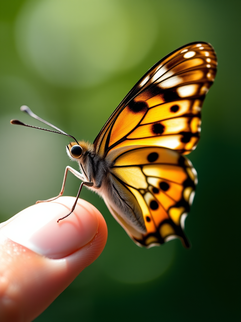 macro shot of a butterfly resting on a finger with detailed focus on the wings and textures, natural lighting, aperture f/2.8, ISO 100, shutter speed 1/200s, DSLR camera, shallow depth of field, 50mm lens