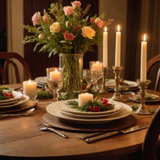 Warmly lit photo of a beautiful wooden dining table set for a holiday meal, with a centerpiece of fresh flowers, soft candlelight casting a warm glow on elegant dinnerware.