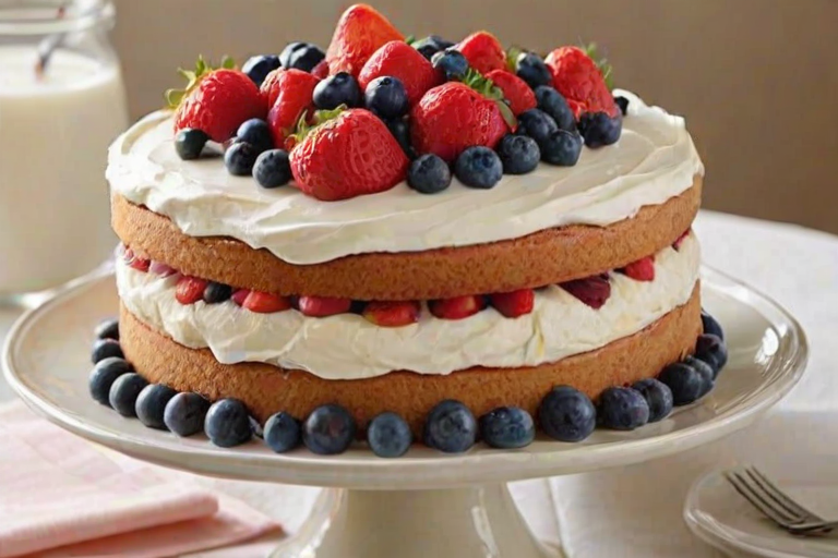 Create an image of a three-layer cake with a light sponge base. The cake has alternating layers of fresh strawberries, blueberries, and raspberries, filled with creamy frosting. The top is decorated with a smooth layer of frosting and garnished with whole berries. Place the cake on a white plate, and include a glass of milk in the background. The setting should have a bright, inviting atmosphere.