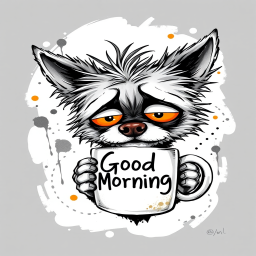 A quirky, artistic illustration of a disheveled cirneco delletna with exaggerated, large eyes and spiky fur, holding a coffee mug that reads "Good Morning". The dog has a tired but humorous expression, with ink splatters and abstract details surrounding it, giving a whimsical feel to the image. The color palette is mostly monochrome with hints of orange in the eyes and steam rising from the mug, enhancing the overall sleepy vibe
