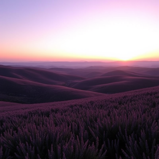 Create a serene landscape with rolling purple hills under a soft sunset sky, captured with a DSLR camera at f/8, ISO 100, 1/125 sec, using a wide-angle lens for an expansive view and a soft focus effect.