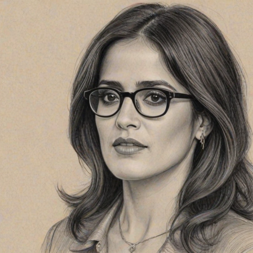 Pleasing Salma Hayek, pencil sketch, portrait of Delightful woman 1920s in glasses, hair style beatnik, outline, clear lines, fine lines, 8k