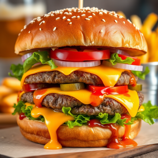 High-resolution, close-up image of a gourmet double cheeseburger. The burger features a glossy, sesame-seed-topped brioche bun. Inside, there are two thick, juicy beef patties, each topped with melted cheddar cheese. The burger is garnished with fresh lettuce, tomato slices, diced onions, and pickles. A generous amount of ketchup and a creamy, orange-colored sauce is dripping down the sides, adding to the mouth-watering appeal. In the background, there are blurred elements including a side of golden French fries and a hint of a beverage, enhancing the overall presentation of a delicious meal.