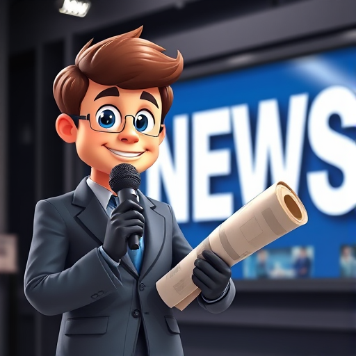 Create an image of a cartoonish news reporter holding a microphone and a rolled-up newspaper, with a glossy "NEWS" sign in the background, using a DSLR camera with a 50mm lens, aperture f/2.8, ISO 100, and a shallow depth of field for enhanced focus on the reporter, captured in a soft diffused lighting style.